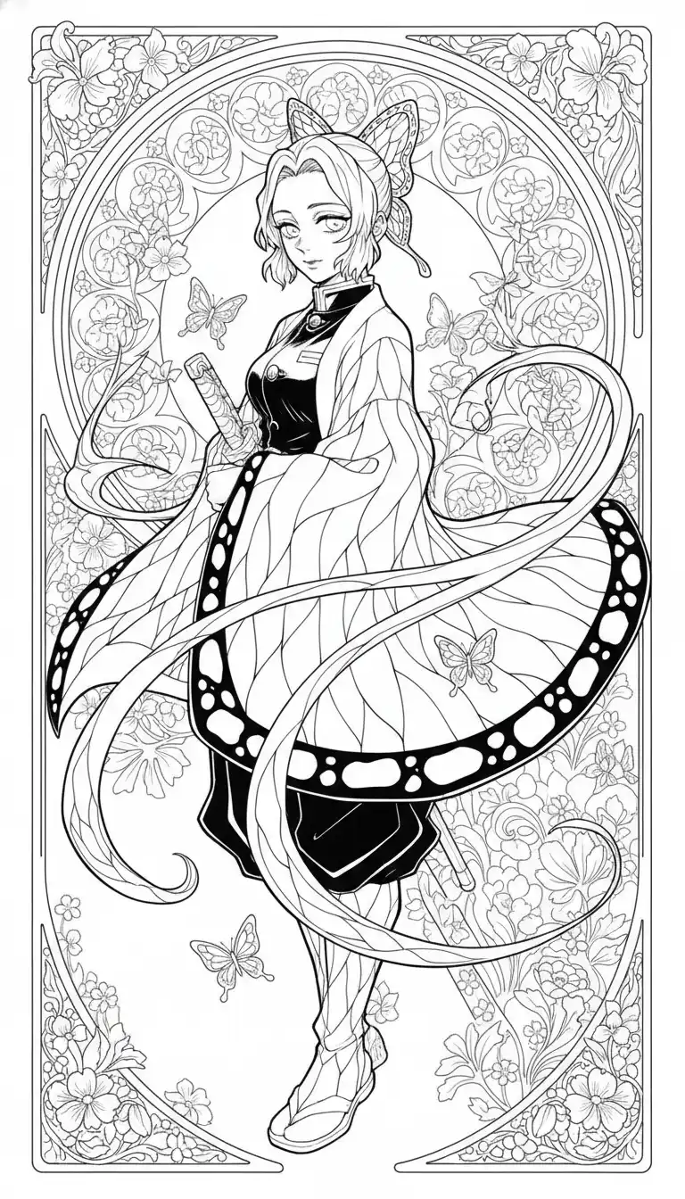 Shinobu Kocho with butterfly motifs and flowing organic curves in art nouveau style.