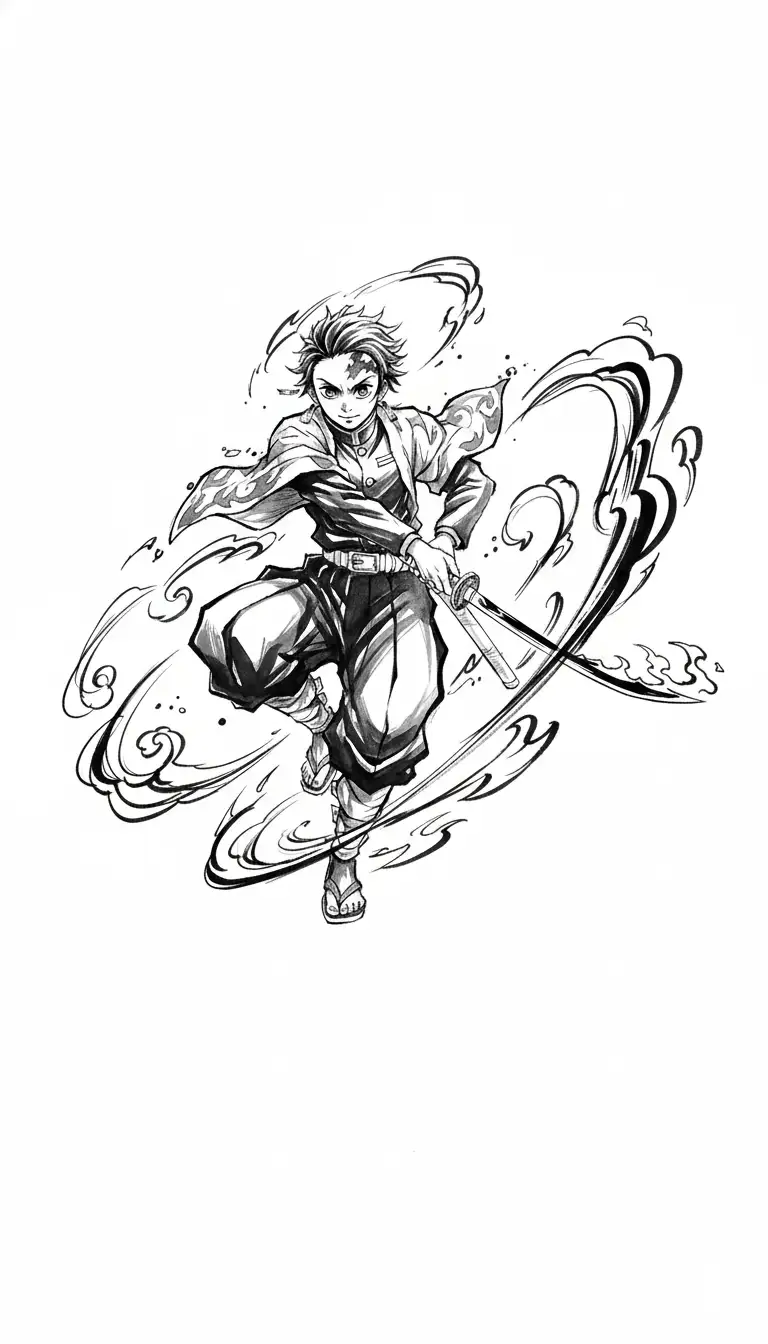 Tanjiro Kamado performing Hinokami Kagura dance with fluid brushwork in expressive calligraphy style.