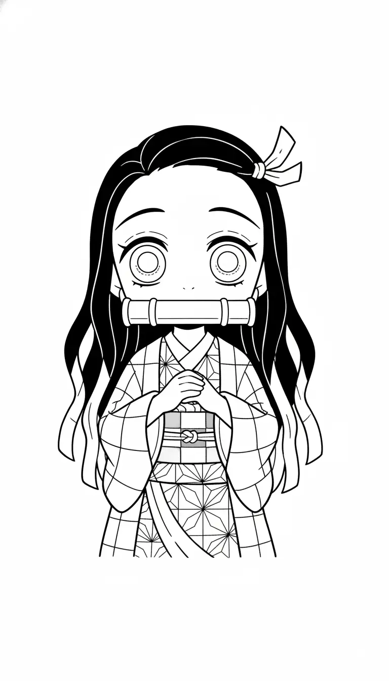Nezuko Kamado in chibi form with simple rounded lines in children's book illustration style.