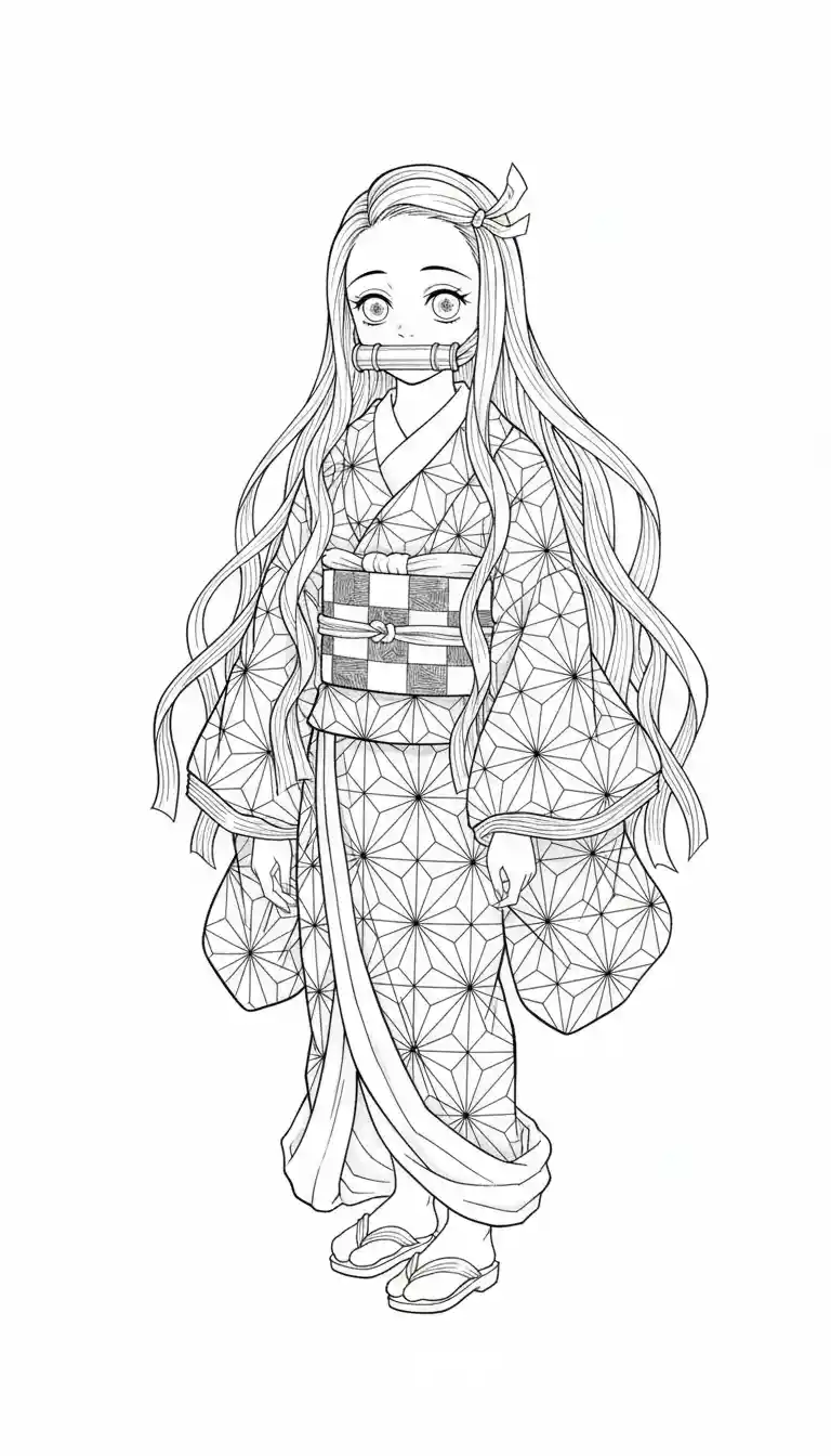 Nezuko Kamado with bamboo muzzle in Chinese Gongbi fine-line painting style with meticulous detailed lines.