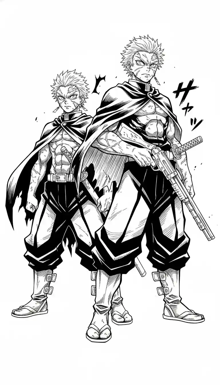 Sanemi Shinazugawa and Genya Shinazugawa in heroic poses with bold outlines in American comic book inking style.