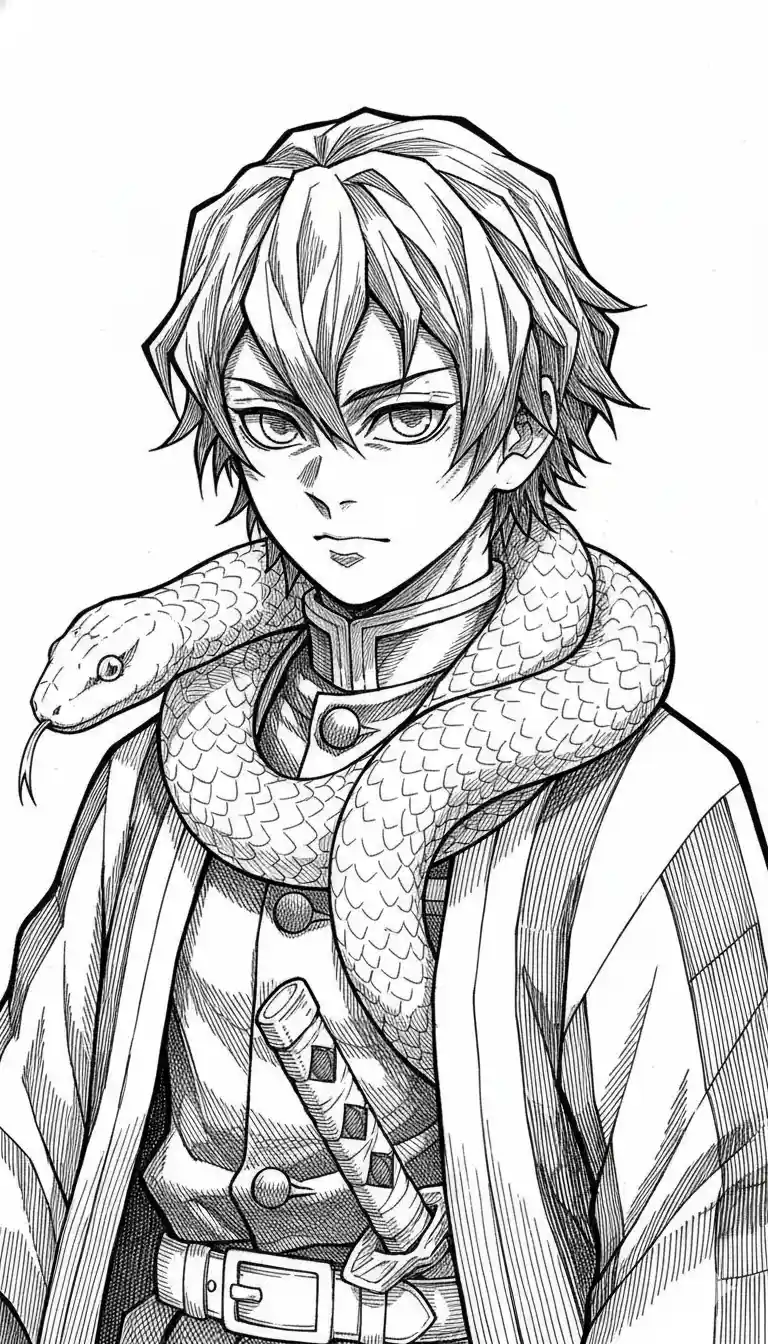 Obanai Iguro with Kaburamaru snake in Renaissance portrait composition with fine cross-hatching in classical etching style.