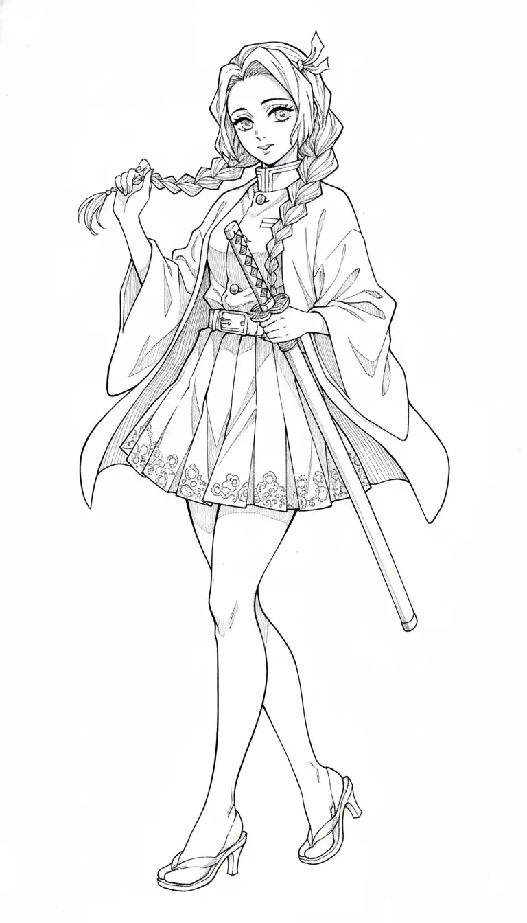 Mitsuri Kanroji in corps uniform with elongated proportions and flowing fabric lines in fashion illustration style.