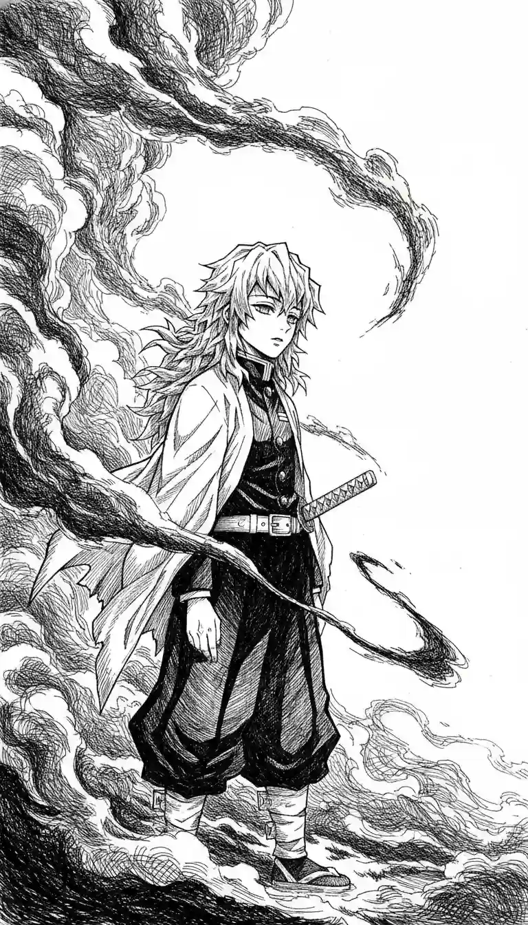 Muichiro Tokito in mist with dramatic shadows and cross-hatching in gothic fantasy illustration style.