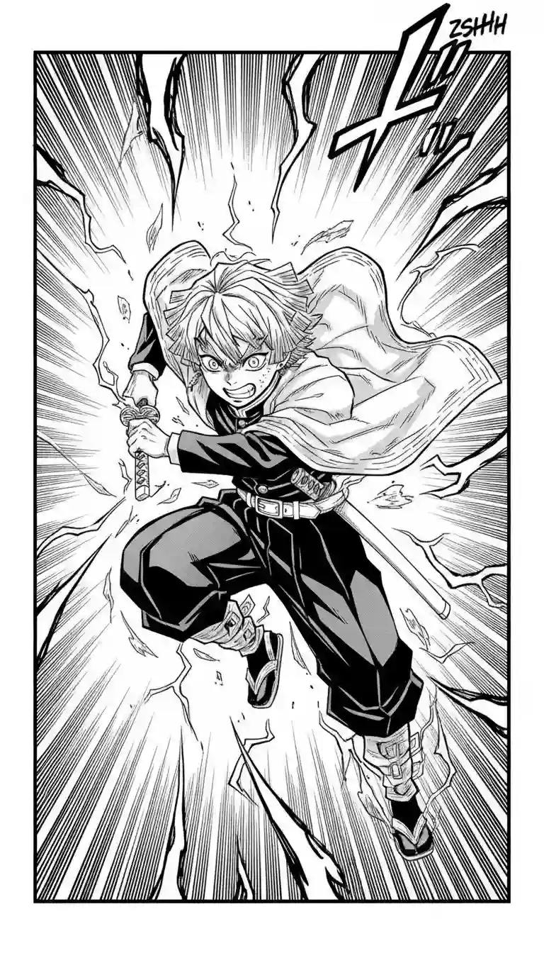 Zenitsu Agatsuma in thunder breathing stance with dynamic action lines and speed lines in manga panel style.