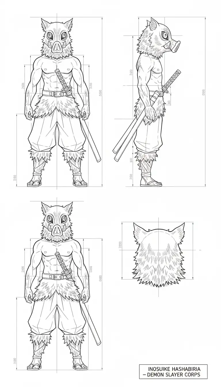 Inosuke Hashibira with dual swords in technical drawing blueprint style with precise geometric lines.