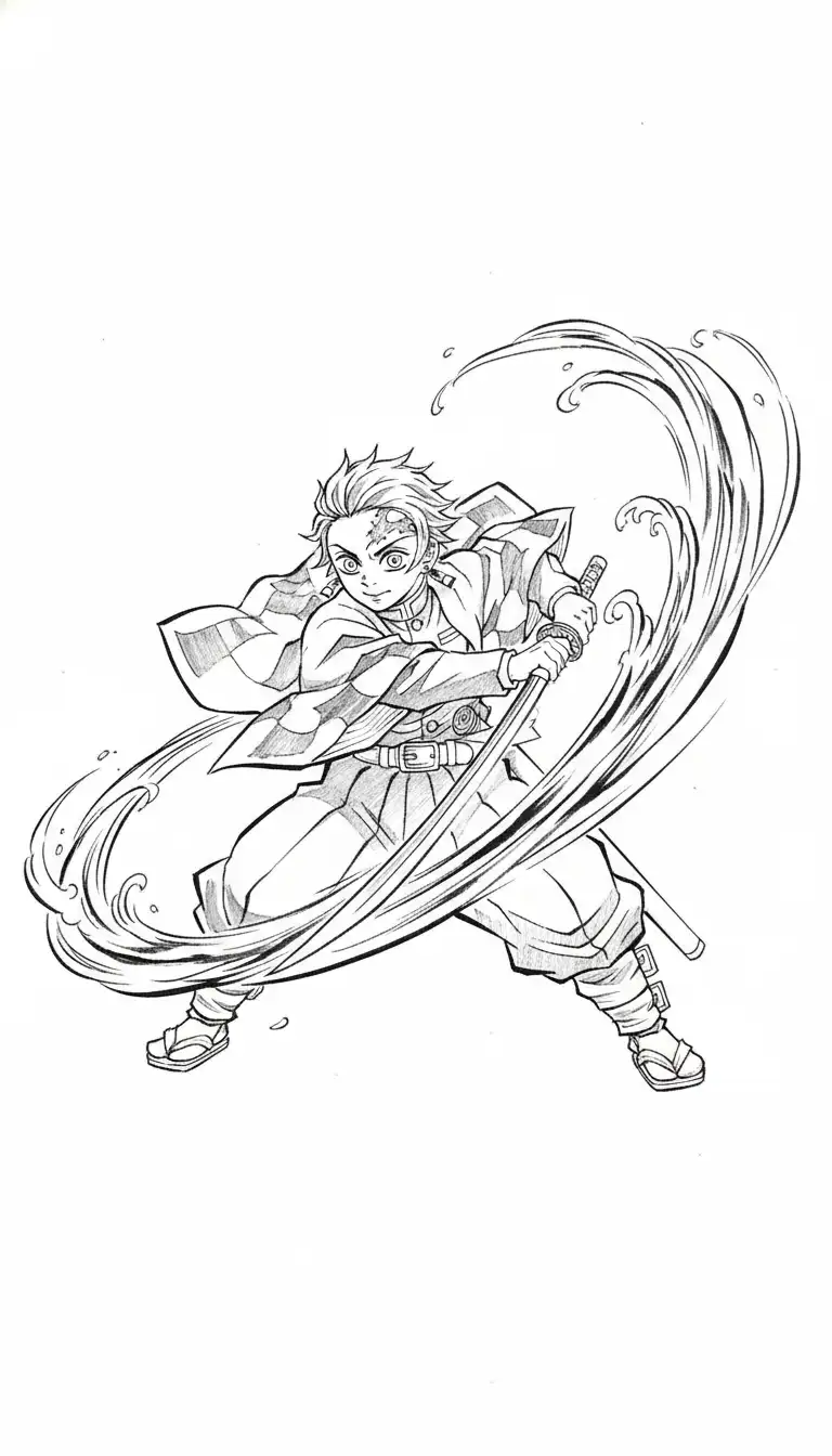 Tanjiro Kamado with flowing water breathing effects in traditional Japanese ink painting style.