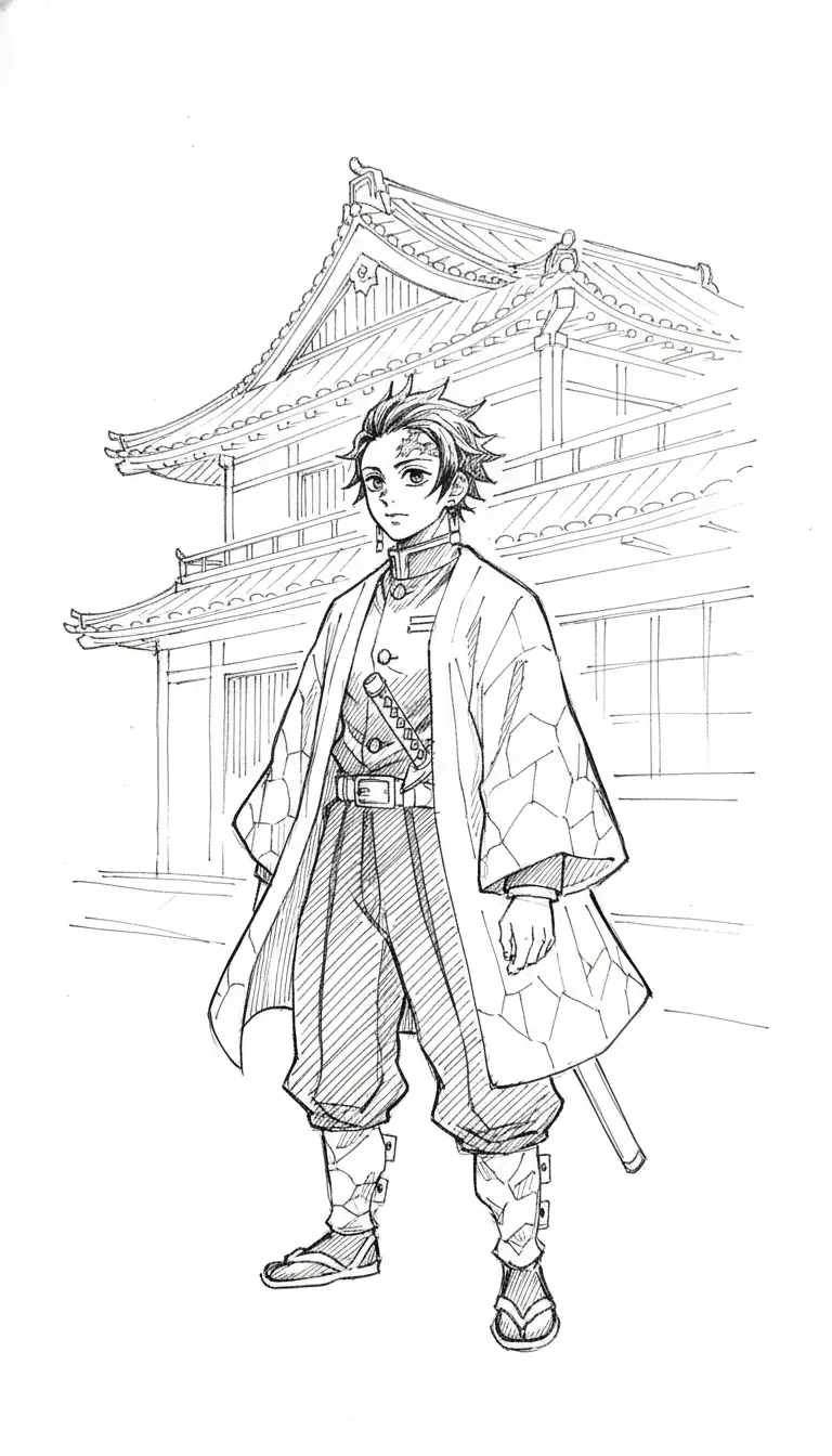 Giyu Tomioka in haori jacket with loose gestural lines in urban sketch style.