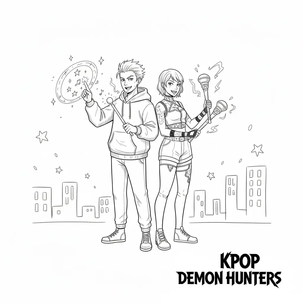 This is a black-and-white line art page showing two 'Kpop Demon Hunters' standing back-to-back. One is playfully sketching a protective ward in the air with their finger, while the other holds a pair of enchanted drumsticks. doodle art style, playful, simplified lines.