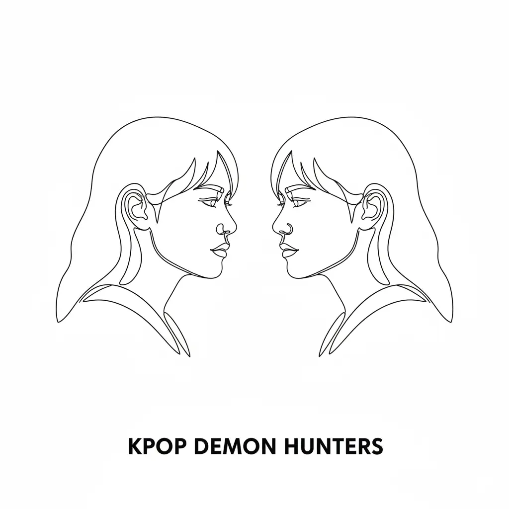 This is a black-and-white line art page showing the profiles of two 'Kpop Demon Hunter' members facing each other. Their silhouettes, hair, and shoulders are formed from a single, elegant, and continuous line. continuous one-line style illustration, single continuous line, flowing, minimalist.