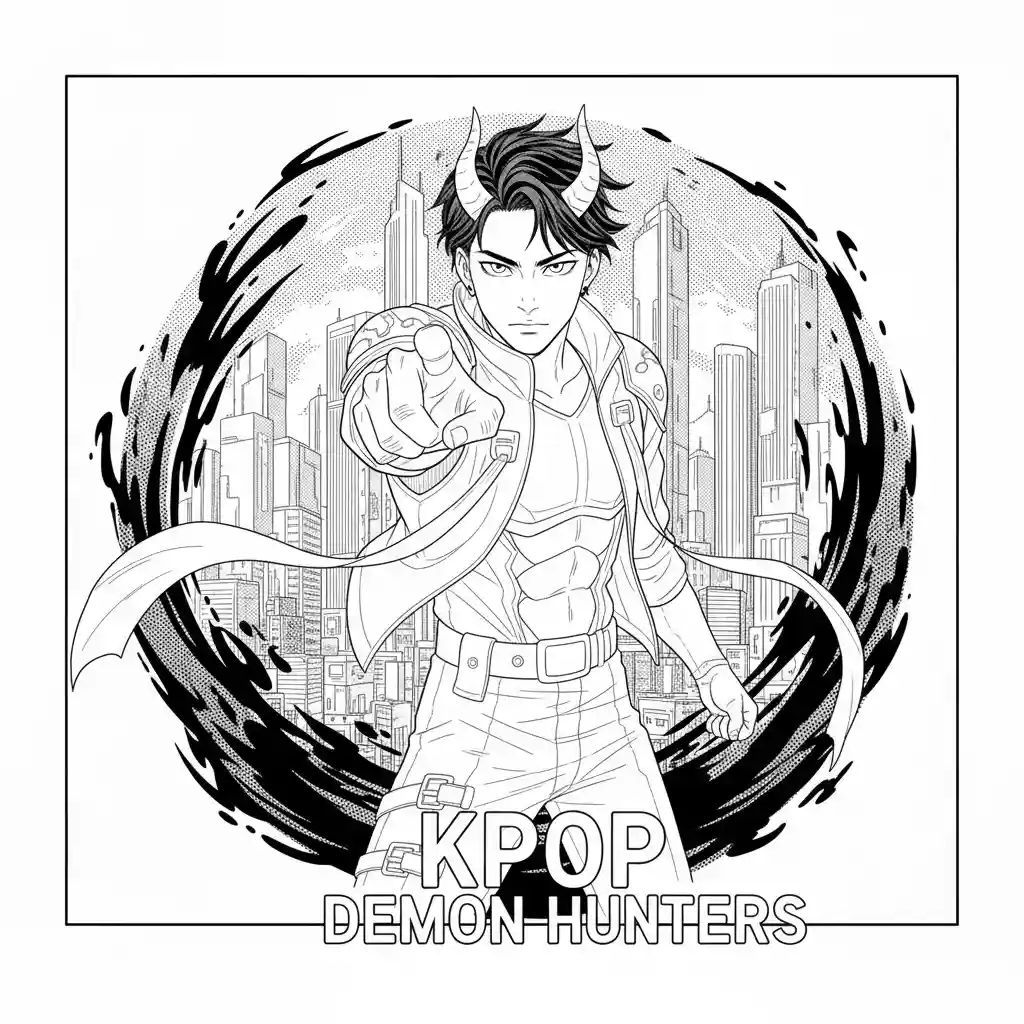 This is a black-and-white line art page featuring one characters from “Kpop Demon Hunters”, with the central character pointing forward and others in dynamic poses, manga style illustration, screentones, crisp black and white.