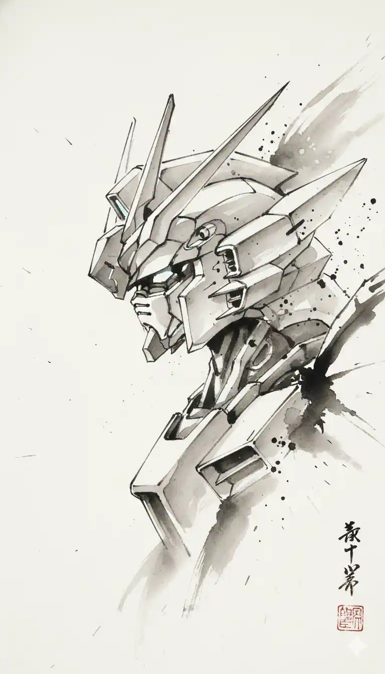 Wing Zero EW Head Line Art - sumi-e style traditional Japanese ink wash painting, profile view with bold brush strokes, varying line weight and artistic ink splatter effects