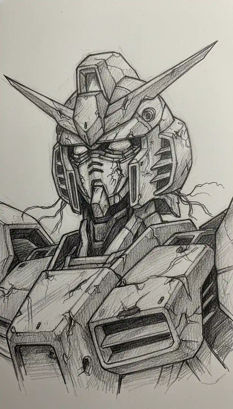 Wing Zero EW Head Line Art - gritty sketch with heavy battle damage, dramatic low angle featuring rough pencil lines, exposed wiring, dents and scratches with flickering eye