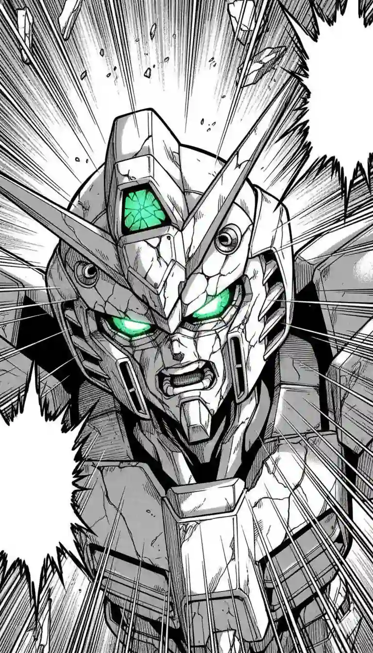 Wing Zero EW Head Line Art - manga panel with dynamic close-up, tilted upward angle featuring high-contrast action lines, cracked visor and glowing green eyes in black and white
