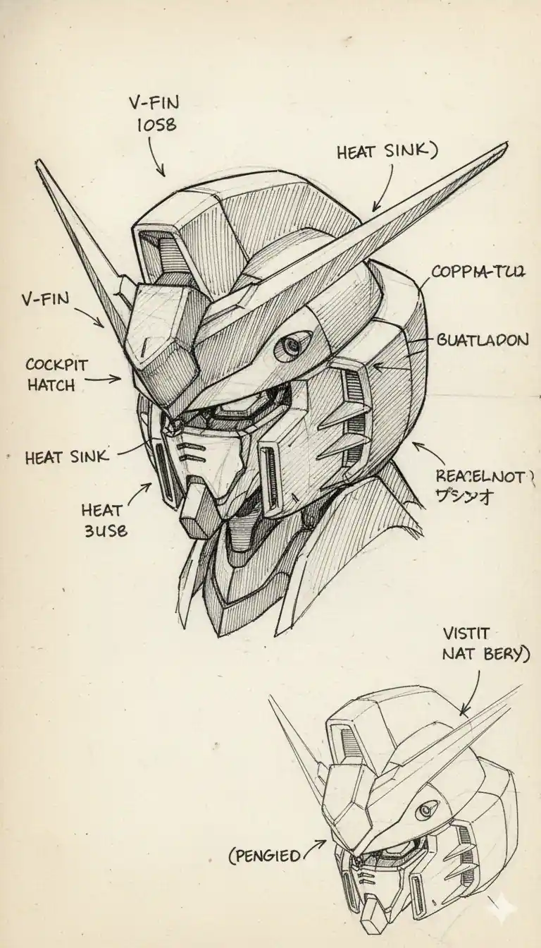 Wing Zero EW Head Line Art - 80s mecha anime concept art with pen and ink sketch, three-quarter view featuring detailed cross-hatching, handwritten notes and classic design sheet style